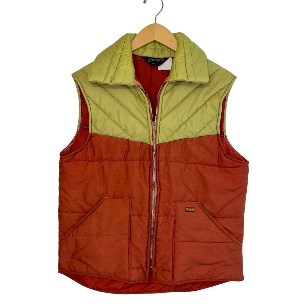 Vintage Wrangler Puffer Vest Orange Green Men's Med? Made In USA Cowboy Rancher